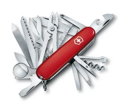 Red Swiss Army multi-tool with all its blades and tools folded out