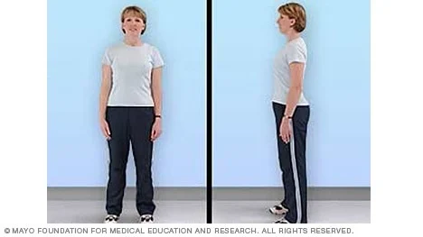 Woman standing in neutral posture, shown from the front and from the side