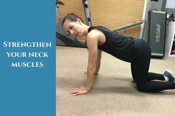 Woman on hands and knees, head lowered in line with her spine, demonstrating a neck strengthening exercise
