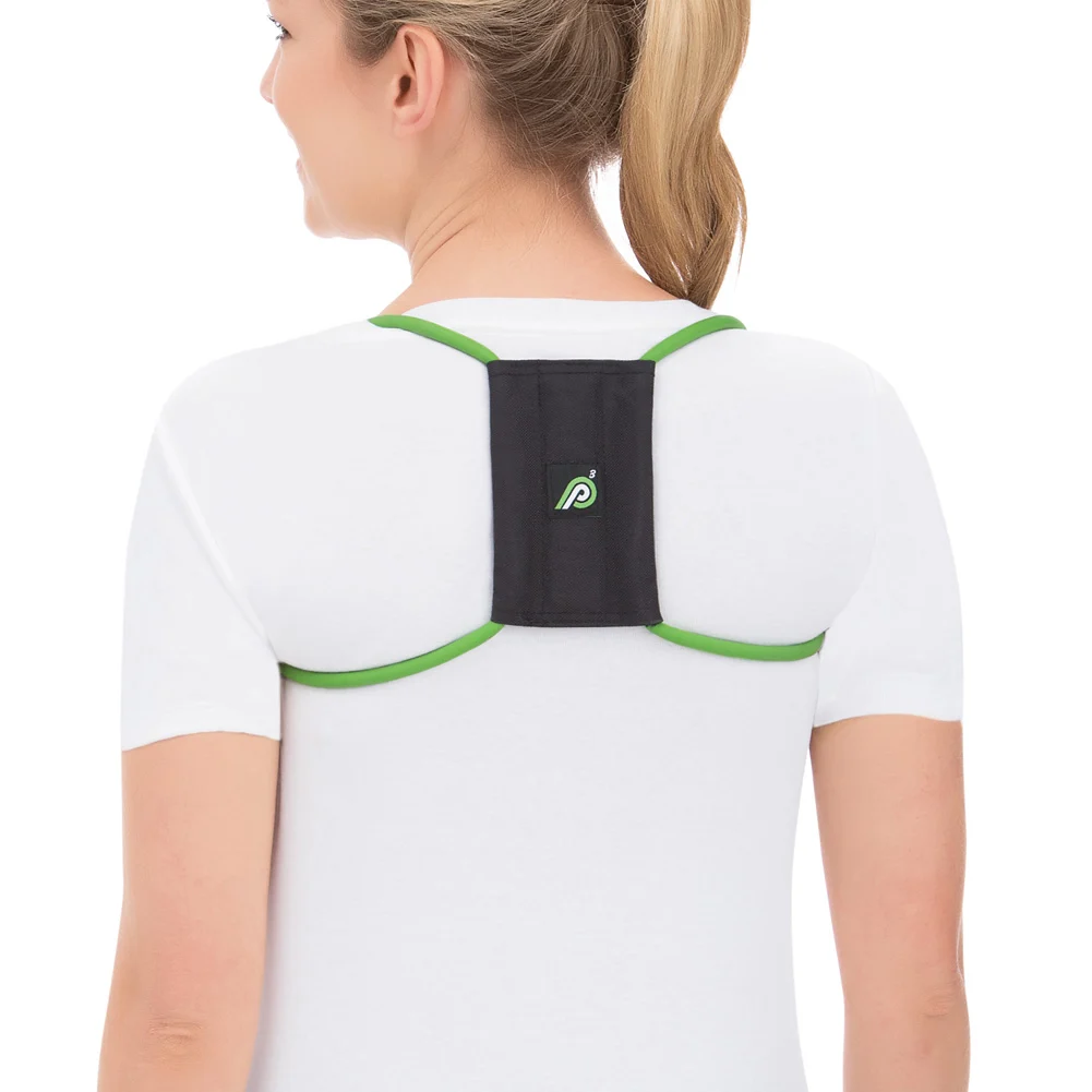Woman from behind wearing a black and green posture support strap across her upper back and shoulders