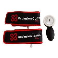 Two Occlusion Cuff blood flow restriction cuffs with a hand pump and pressure gauge