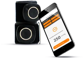 Pair of black smart blood flow restriction cuffs beside a phone app displaying the cuff pressure