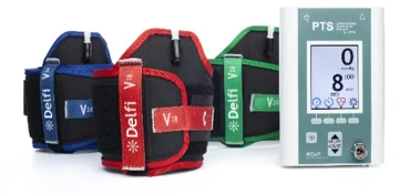 Delfi blood flow restriction cuffs in three sizes beside the PTS pressure-control unit